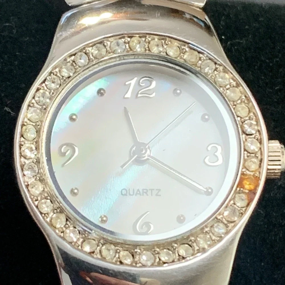M.Z. Berger Women Silver Cuff Watch Mother of Pearl Dial Crystal Bezel WS02